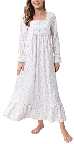 Rubehoow Chemise de nuit victorienne à manches longues pour femme, robe de pyjama vintage en coton doux avec poches
