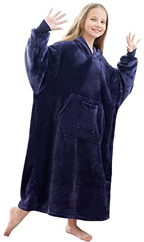 FUSSEDA Överdimensionerad bärbar filttröja, supertjock varm sherpa fleece gosig filt, huvtröja med fickor och ärmar för vuxna och barn, 19marin, one size