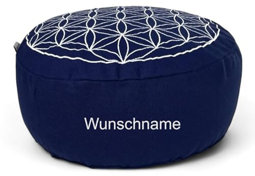 Yogakissen Meditationskissen Blume des Lebens - personalisiert mit deinem Namen - waschbarer Bezug aus Baumwolle - Sitzhöhe 15cm - Bio-Dinkelspelzen (Blau)
