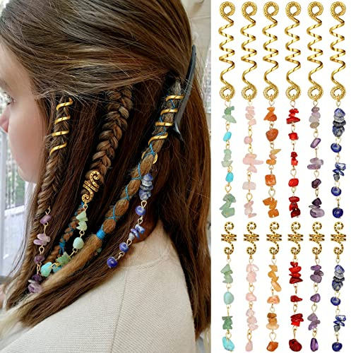 BBTO 12 Pcs Hair Jewelry for Braids Natural Crystal Stone Dreadlock Accessories Metal Hair Accessories Gold Loc Dreadlock Spirals Cuff Rings Charm for Women Braid Hairstyle Decor(Bright Colors)