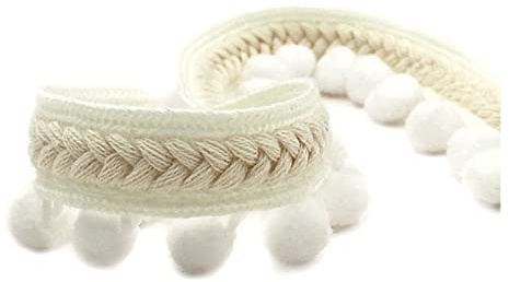 SHTGOI Pomponborte Bommelborte 5 Yards 12mm Pompon Borte zum Nähen Pom Poms Fransenborte Pompons Quaste Spitze Bommelband für DIY Basteln Kostüme Kleidung Vorhang Nähen Dekoration Weiss