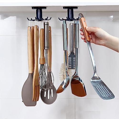 2pcs 360 °Rotation Utility Hooks,Under Cabinet Kitchen Hooks,Storage Shelf rv Must Haves,Nail Free Adhesive Kitchen Utensils Hanging Hooks for Kitchen Utensils/Tools/Towel/Knife(Black, Kitchen)