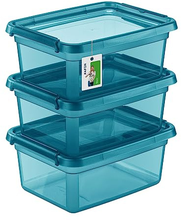 PAFEN 3x Förvaringslåda med lock 12,5l - 38x28,5x16cm - Lådor Förvaring Stapellådor med stängningsclips Plastbehållare Klädboxar Transparent Organiser | Cyan