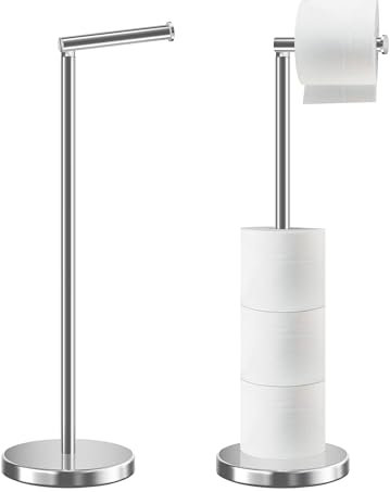 HOMEZI Toilet Roll Holder Free Standing with HEAVY BASE, Premium Toilet Roll Stand, Stainless Steel loo roll holder for Bathroom 2 in 1 Holder and Storage for 5 Rolls - Chrome