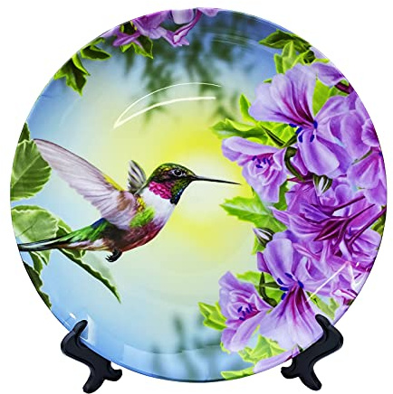 ALALAL 10 inch Bird Hummingbird Pink&Purple Flowers Decorative Plate Decorative Ceramic Plates Home Wobble-Plate with Display Stand Decoration Household Plates Decorative