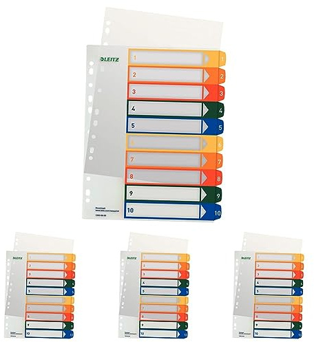 Leitz Register für A4, PC-beschriftbares Deckblatt und 10 Trennblätter, Taben mit Zahlenaufdruck 1-10, Überbreite, Weiß/Mehrfarbig, Polypropylen, 12930000 (Packung mit 4)