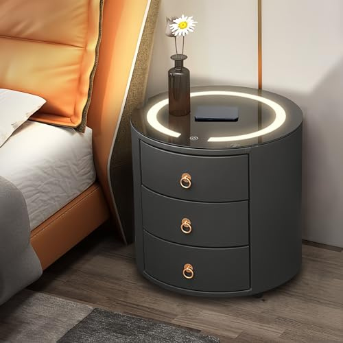 CLIPOP Table de Chevet Ronde avec Station de Charge sans Fil et Lumière LED - Table Basse en Cuir Synthétique avec 3 Tiroirs et Plateau en Verre Trempé Gris