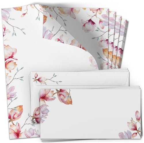 10 Briefpapier mit Briefumschlag SET | Magnolie Blumen Romantisch | Papier und Umschlag mit Design-Motiv bedruckt | 90 g/m²