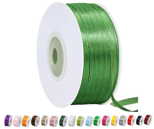Satinband Grün 3mm Breit Geschenkband Satin,91m Satinbänder Grün Dick Schleifenband Dekoband Seidenband Geschenkverpackung Stoffband Geschenkbänder für Dekorieren Basteln Kleid Hochzeit Geburtstag