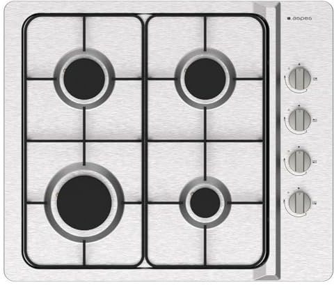 Aspes Encimera de Gas Inox AG4600X. Potencia máx. 7500 kW, 4 Quemadores, con Ignición Automática, Parrillas Esmaltadas, Incluye Kit de Conversión Gas Natural