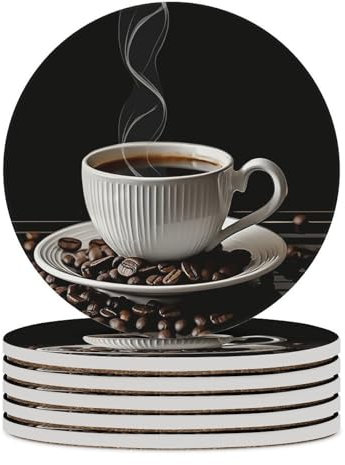 Untersetzer für Kaffeetassen und Kaffeebohnen, saugfähig, Keramik-Stein, Getränkeuntersetzer mit Halter, Keramik-Untersetzer mit Korkboden, 10,2 cm, Tischschutzmatte für Heimdekoration, Küche, Bar