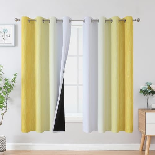 VEHEDE Farbverlauf Ombre Gardinen mit Ösen Wohnzimmer Thermovorhang Kälteschutz Vorhänge Blickdicht Schallschutz Verdunklungsvorhänge 160 cm Hoch, H 160 x B 132 cm, Gelb und Weiß, 2er Set