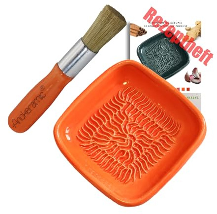 ANCKERAMIC® Ceramico Reibeteller & Backpinsel mit Naturborsten, Set aus Keramik für Knoblauch, Ingwer, Muskat, Handmade (Orange/Orange)