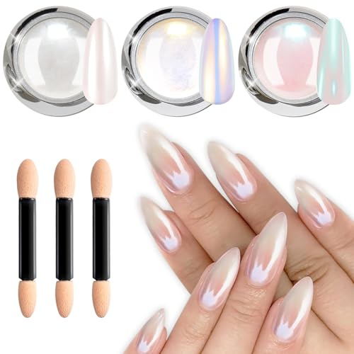 Pearl Chrome Nail Powder BISHENGYF - 3Pcs White Aurora Nail Chrome Powders Ice Transparent Chrome Powder for Nails Glitter, Glazed Donut Pearlescent Mirror Effect Mermaid Pigment Powder Diy Nail Art