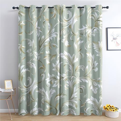 Vintage Floral Curtains for Bedroom Living Room, Light Green And White Patterned Blackout Curtains, Thermal Insulated Eyelet Curtain, 54 Drop Window Treatments Drapes, 66x54 Inch (W x L), 2 Panels