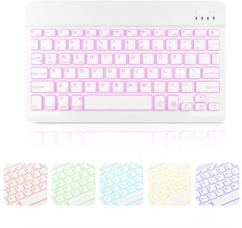 Ultra-Slim Bluetooth Keyboard with 7 Colours Backlight - Rechargeable Wireless Portable Keyboard Compatible with iPad/Samsung Tab/Lenovo Tab/iOS/Android/Windows (white)
