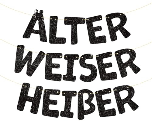 BETESSIN Geburtstagsgirlande Schwarz Glitzer - Älter Weiser Heißer - Lustige Girlande zum 40/50/60/70/80 Geburtstag - Geburtstagsbanner aus Papier - Geburtstagsdeko für Frauen und Männer