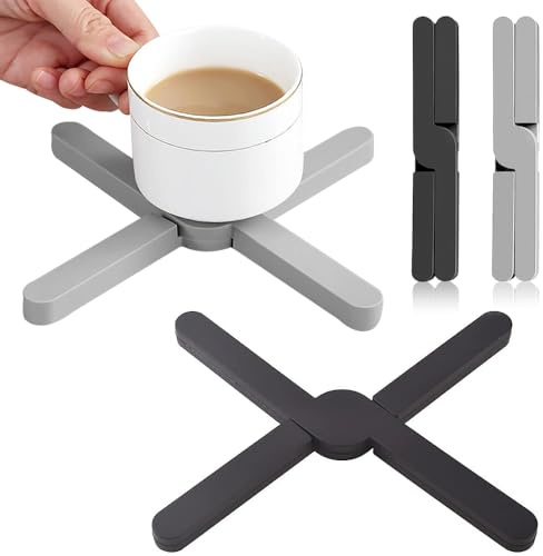 Folding Silicone Trivet, 4 Pack Folding Pot Stand, Eco Expanding Silicone Pot Holder Non Slip Pot Holder for Hot Pans Cup Dishes Plates(Gray Black)