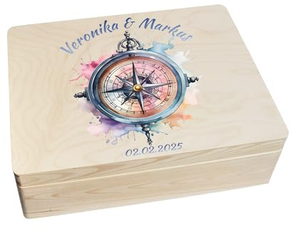 CHICCIE Erinnerungsbox personalisiert zur Hochzeit mit Druck farbig Kompass Regenbogen Aquarell 40x30x14cm - Hochzeitstag Holzkiste Erinnerungen