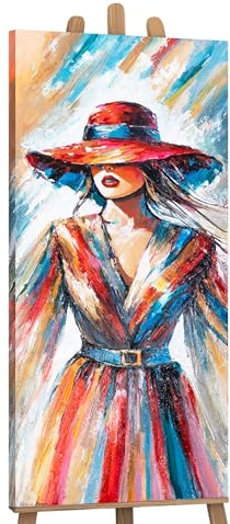 YS-Art Dipinto Acrilico Originale | Elegante Donna in Abito Colorato | Ritratto di Moda su Tela | Arte Moderna da Parete per Soggiorno 115x50