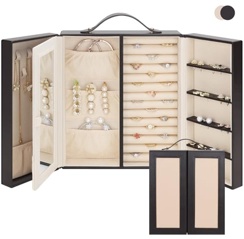 DesignSter Jewellery Box for Women, Jewellery Storage with Mirror, Travel Jewellery Organiser with Handle for Ring Earring Bracelet Necklace, Black Brown & Apricot