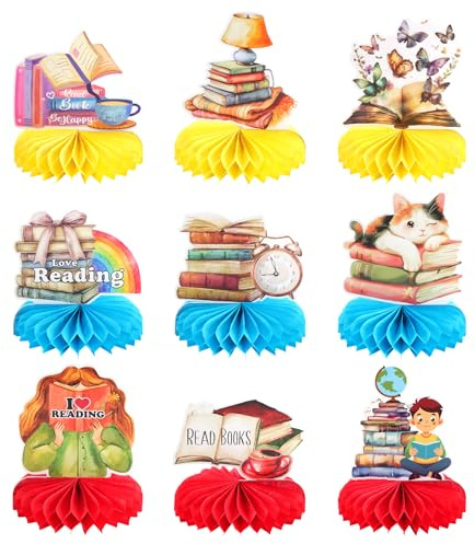 9pcs Read Books Honeycomb Centerpieces Book Themed Party Decorations Reading Book Tabletop Centerpieces Library Book Club Table Topper Sign Decorations Party Supplies for Book Lovers