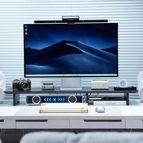 ROCDEER Bamboo Dual Monitor Ständer schwarz, 2-stufiger Schreibtisch Monitorständer für 2 Monitore, Halterung für PC Computermonitor, Drucker, schwerer TV Ständer bis zu 300 lbs, Schwarz.