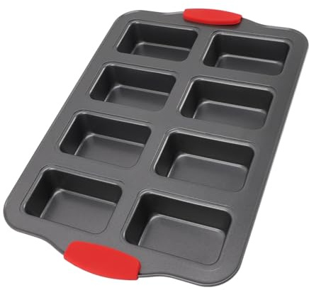 Nikou 8 Cavity Mini Loaf Pan, Carbon Steel Non-Stick Rectangular Baking Pan with Silicone Handle for Brownies, Cheesecakes, and Mini Breads, 32 x 25 x 4 cm