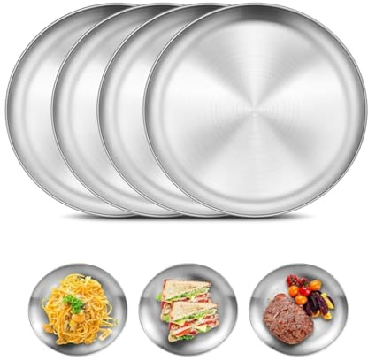 Plats de Service en Inox Plateau,4 Pièces Plats Ronds en Acier Inoxydable 20CM Plat de Service Rond,Plateau à Fruits Plat à Gâteau pour Cuisine,Maison,Camping,Extérieur,Fête,Barbecue