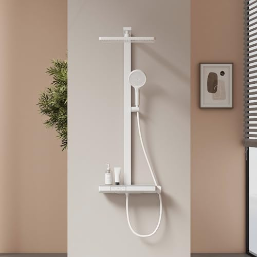 EMKE Duschsystem mit Thermostat, 360 x 240 mm Regendusche Set, Weiß Matt | 400 mm Ablage, 3 Strahlarten, Handbrause 4 Strahlarten, Höhenverstellbar Komplettset, Regendusche mit Armatur