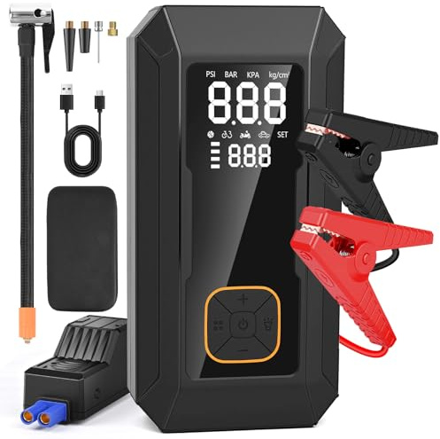 Starthilfe Powerbank für Pkw mit Kompressor 150PSI, Auto Starthilfe Powerbank für All Benzin und 8.0L Dieselmotor, 8000mAh Starthilfegerät mit Starthilfekabel, LED-Licht und LCD-Bildschirm