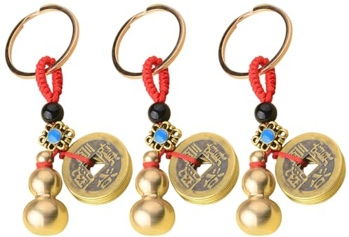 RIBSUQA 3 Pcs Chinese Feng Shui Gourd Keychains, Feng Shui Five Emperors Copper Money Ornament Pendant, Chinese Knot Lucky Coins Feng Shui Gourd Keychains for Good Luck Wealth Prosperity Success