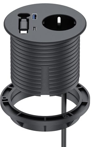 Dinolink Einbausteckdose mit einziehbarem USB-C-Kabel für Schreibtisch | Mit Schuko-Steckdose, USB-A, USB-C und automatisch einziehbarem USB-C-Kabel – platzsparend für Tisch und Arbeitsplatte.
