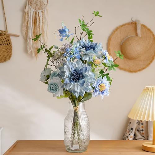 Artificial Flowers in Vase, Spring Fake Rose & Dahlia Bouquet with Pot | Spring Faux Flower Arrangement for Home Spring Summer Décor Dining Coffee Table Centerpiece Decor, Blue