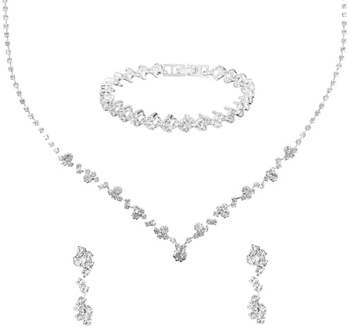 Gjinxi Ensemble de 3 pièces de bijoux en strass pour femmes - Collier de mariage en cristal, boucles d'oreilles et bracelet pour mariée, demoiselle d'honneur, bal, costume de fête, one size, Acier