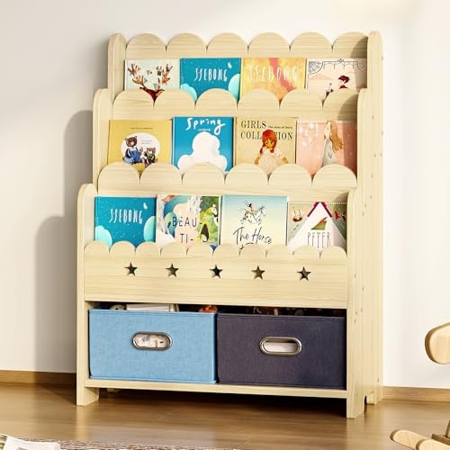 EXPERLAM 2-in-1 Kids Bookshelf with Toy Storage Drawers, Scalloped Montessori Bookcase Front Facing for Toddlers, Solid Wood Book Display & Organizer for Nursery, Playroom, Bedroom & Classroom