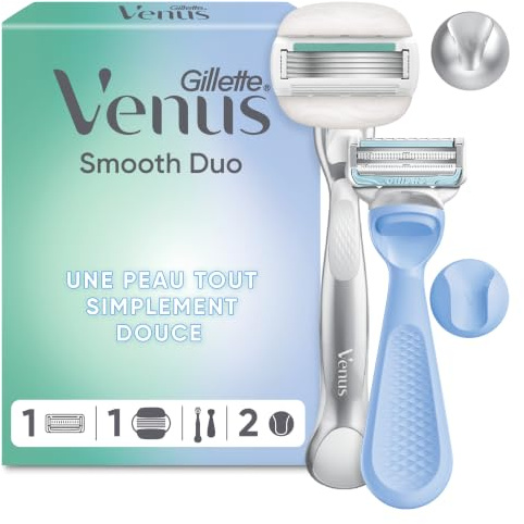 Gillette Venus Smooth Duo, Intim und Körper Damenrasierer, Blau/Grau | Nassrasierer für Den Intimbereich Und Körper, Intimrasierer für Frauen, Inkl. 2 Rasierklingen, 2 Handstück, 2 Duschhalterung