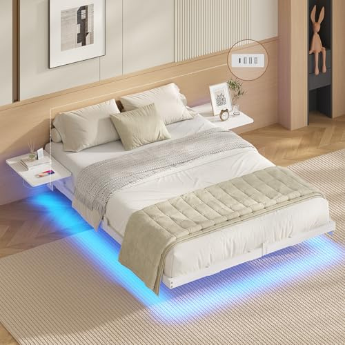 AOGLLATI Lit 2 Personnes avec 2 Étagères de Chevet,Cadre de Lit 140 x 190 avec Sommier Métal,Multiprise et Éclairage LED, 24 CM de Rangement pour Chambre, Blanc
