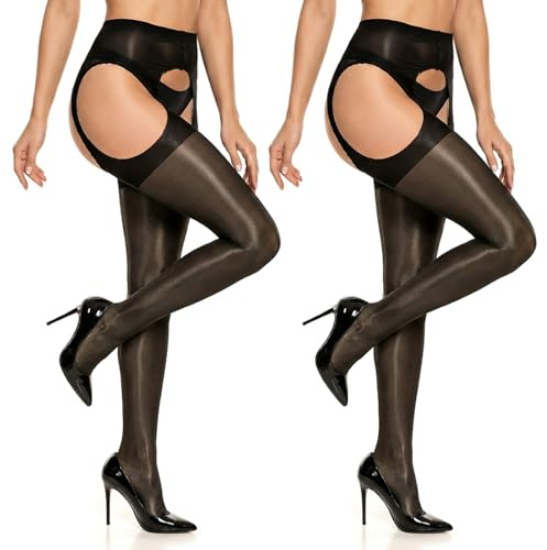 LOLANIUT Collant sexy Ouvert da donna, trasparente collant da donna, nero collants aperti al cavallo, adatto per 126-200 Jin, collants neri da donna, per feste e notti romantiche (L-XL)