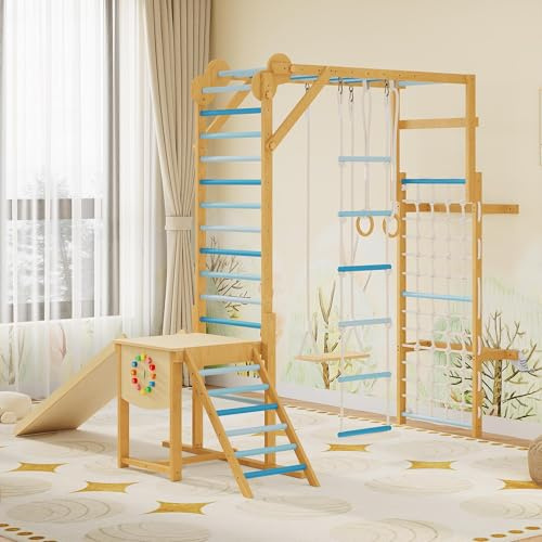PeakPursuit 8-in-1 Indoor Jungle Gym for Kids Ages 3-10, Wooden Climbing Structure with Slide, Swing, Monkey Bars, Gymnastic Rings, Climbing Rope – Indoor Playground Toy – Natural Wood Blue