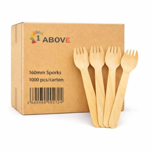 1000 Pack 160mm Wooden Sporks, Biodegradable Birch Wood Disposable Cutlery, Heavy Duty Eco-Friendly Sporks for Hot & Cold Food, Parties, BBQ, Camping, Catering & Weddings