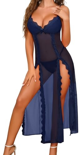 Niwicee Lingerie Sexy Femme Nuisette Coquine Hot Tenue Babydoll Dentelle Maille Longue Chemise de Nuit Col V sous Vetements de Nuit Robe Ensemble avec G-String