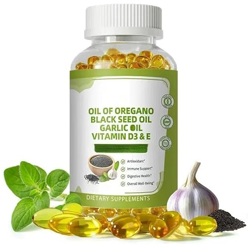 Oreganoolja med svartfröolja, 2 i 1 oreganotillskott för immunhälsa, för immunstöd med hög karvacrol och tymokinon, antioxidant, icke-GMO
