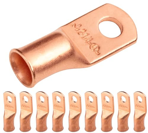 SELTERM 2 AWG (35 mm²) - 1/4 (M6) ⌀ Hole UL Heavy Duty Wire Lugs, Battery Cable Ends, Bare Copper Eyelets, Tubular Ring Terminal Connectors [B45] - 10 Pack