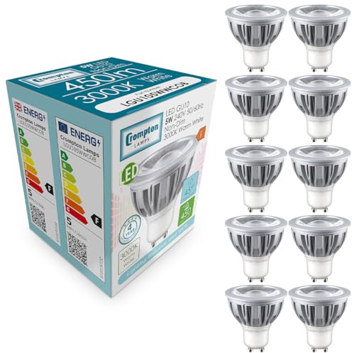 Crompton Lamps LED GU10 Spotlight 5W (10 Pack) (75W Equivalent) 3000K Warm White 45° 520lm Replacement Multipack Light Bulbs