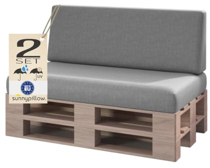 sunnypillow Set de 2 Coussins pour Canapé Palette - Matelas Extérieur Impermeable, Anti UV - d’Assise 120 x 80 x 15 cm + Dossier 120 x 40 x 20/10 cm - Coussin Salon de Jardin, Terrasse - Gris