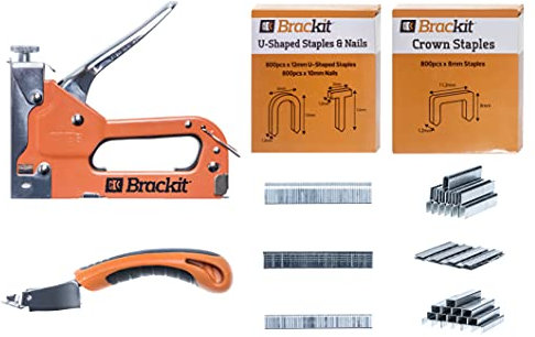 Bracket 5-in-1 Heavy Duty Staple Gun with 2400 Staples & Stapler Remover – Upholstery Staple Gun Heavy Duty for Wood Crown U & T Shape Brad Nail Staple Gun – Wall Stapler – Ideal for DIY