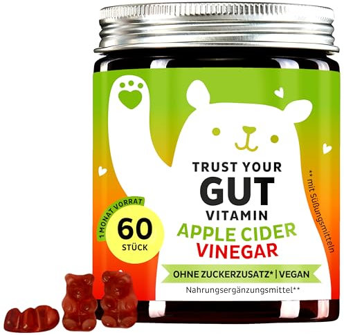 Trust Your Gut Vitamin - Apfelessig Gummibärchen – hochdosiert 350mg Apfelessigpulver - Vitamin B6 B12 Jod & Folsäure – 60 Stück (1 Monat Vorrat) – Ohne Zuckerzusatz, Vegan – Bears with Benefits