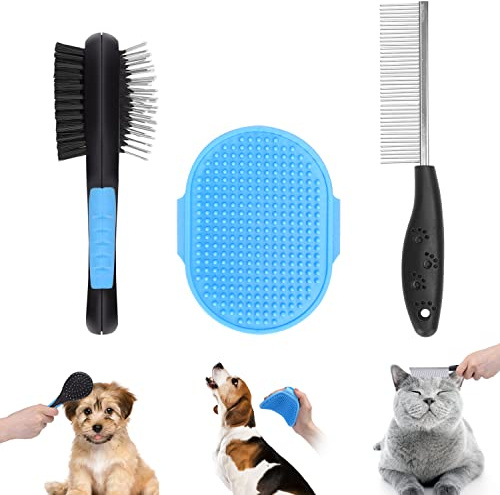 Nobleza 2-in-1 Hundebürste und Katzenbürste, 3er Set, Professionelle Tierhaarbürste mit Naturborsten und Rundkopf-Stahlnadel, Ideal für lang- und kurzhaarige Haustiere, Blau & Schwarz