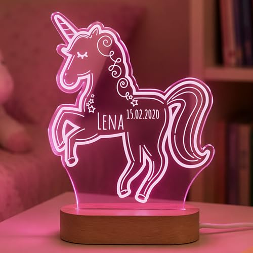 CHRISCK design Einhorn Nachtlampe Kinderzimmer mit Wunsch-Gravur | LED-Licht aus Acryl Glas mit Holzsockel und verschiedenen Motiven | Schreibtischlampe Mädchen Jungen LED Nachtlicht